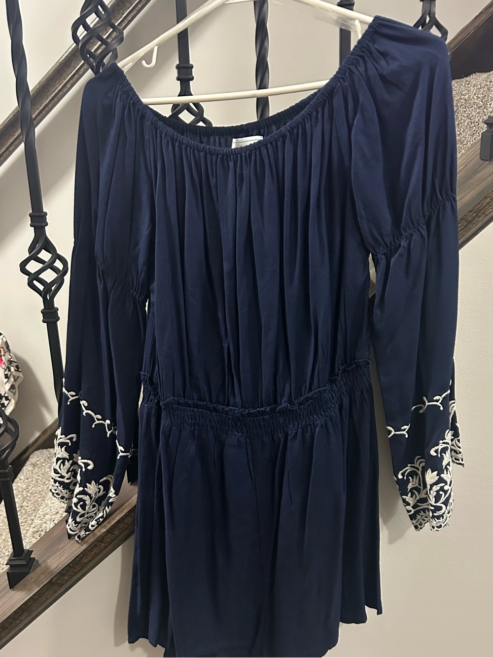Romeo & Juliet Couture Navy Blue Embroidered Off-Shoulder Dress